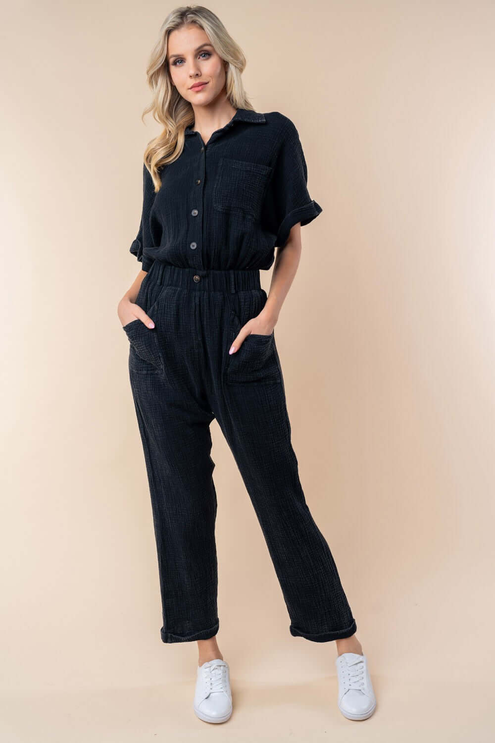 Black Texture Short Sleeve Jumpsuit - Chic & Comfy, Jumpsuits, $ 59.00, A Moment Of Now™