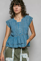Blue Eyelet Embroidery Pintuck Sleeveless Cotton Blouse | Boutique In USA, Blouses, $ 69.00, A Moment Of Now™