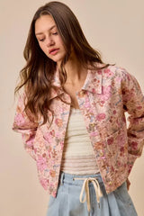 Pink Floral Print Cotton Twill Button Down Barn Jacket | Boutique In USA, Jackets, $ 65.00, A Moment Of Now™