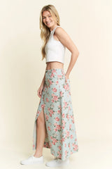 Blue Pink Floral Print Denim Maxi Skirt Plus Size, Skirts, $ 59.00, A Moment Of Now™