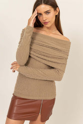Taupe Fuzzy Off-Shoulder Textured Knit Top, Tops, $ 38.00, A Moment Of Now™