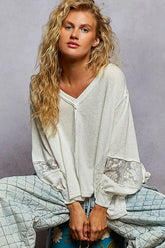 Chic White V-Neck Long Sleeve Blouse with Lace Detail, Tops, $ 65.00, A Moment Of Now™