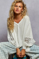 Chic White V-Neck Long Sleeve Blouse with Lace Detail, Tops, $ 65.00, A Moment Of Now™
