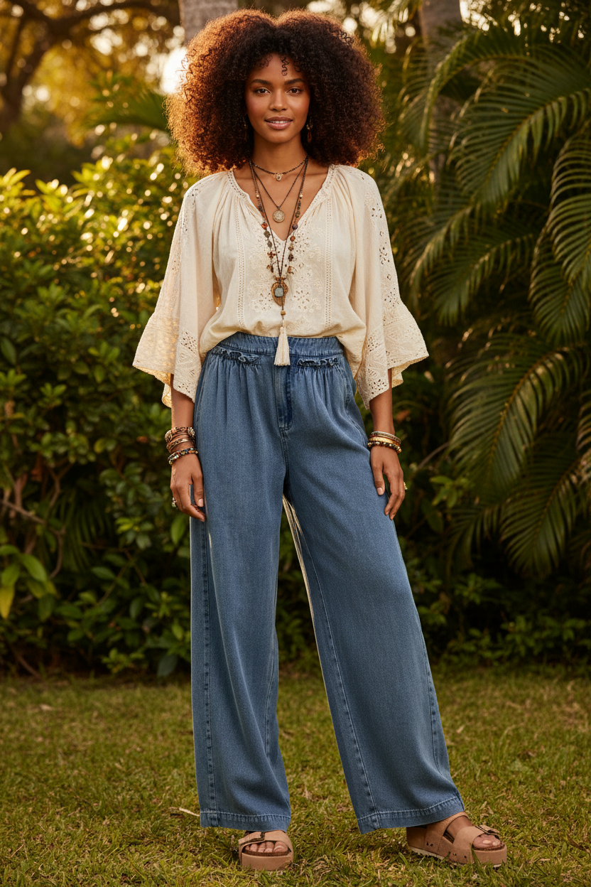Mid Rise Ruffled Front Elastic Wide Leg Jeans | Boutique In USA, Jeans, $ 59.00, A Moment Of Now™