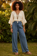 Mid Rise Ruffled Front Elastic Wide Leg Jeans | Boutique In USA, Jeans, $ 59.00, A Moment Of Now™
