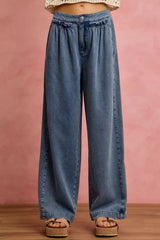 Mid Rise Ruffled Front Elastic Wide Leg Jeans | Boutique In USA, Jeans, $ 59.00, A Moment Of Now™