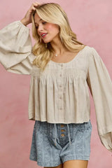 Cream Linen Blend Woven Long Sleeve With Smocking Top | Boutique In USA, Tops, $ 50.00, A Moment Of Now™