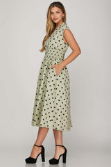 Sage Front Zip Polka Dots Cap Sleeve Midi Dress, Dresses, $ 59.00, A Moment Of Now™
