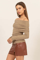 Taupe Fuzzy Off-Shoulder Textured Knit Top, Tops, $ 38.00, A Moment Of Now™