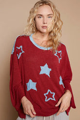 Dark Red Relaxed Fit Sweater with Star Patch, Sweaters, $ 45.00, A Moment Of Now™