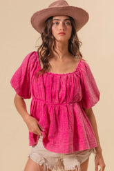 Fuchsia Pleated Puff Sleeve Washed Blouse, Blouses, $ 59.00, A Moment Of Now™