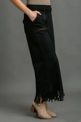Plus Size Black Suede Fringe Hem Wide Leg Pants, Pants, $ 61.00, A Moment Of Now™