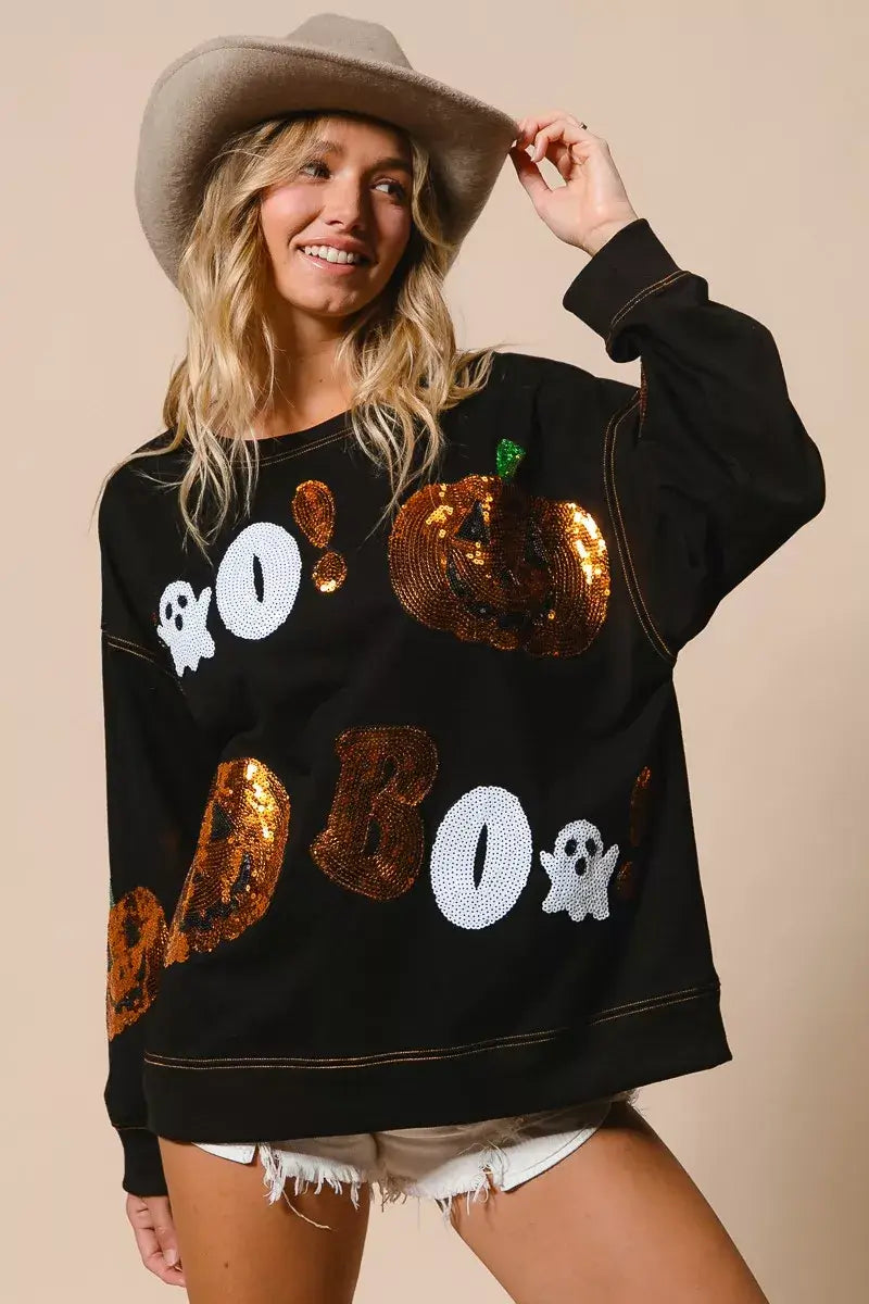 Black Halloween Sequin Embroidery Sweatshirt, Sweatshirts, $ 62.00, A Moment Of Now™