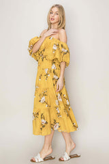 Mustard Floral Puff Sleeve Tiered Dress - Chic Elegance, Dresses, $ 55.00, A Moment Of Now™