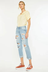 Stylish Light Blue Mid Rise Distressed Boyfriend Jeans, Jeans, $ 65.00, A Moment Of Now™