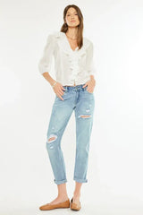 Light Blue Mid Rise Distressed Boyfriend Fit Jeans, Jeans, $ 69.00, A Moment Of Now™