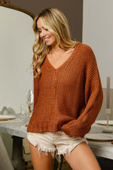 Cinnamon Brown V-Neck Cable Knit Sweater, Sweaters, $ 50.00, A Moment Of Now™