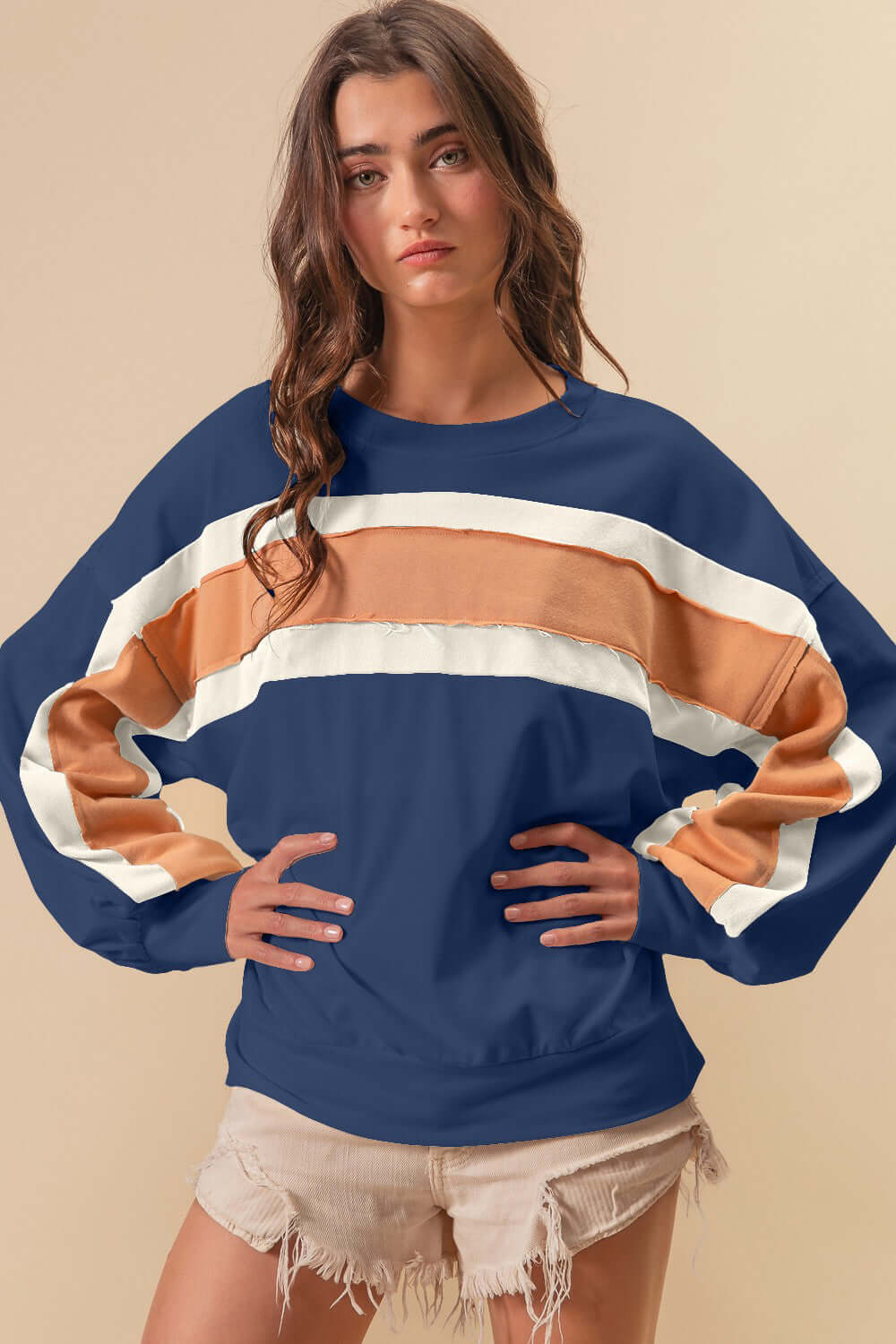 Blue French Terry Color Block Sweatshirt, Sweatshirts, $ 47.00, A Moment Of Now™