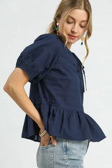 Elegant Dark Navy Tie Front Puff Sleeve Blouse, Blouses, $ 49.00, A Moment Of Now™