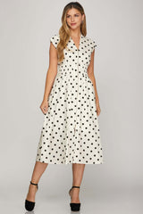Off White Front Zip Polka Dots Midi Dress, Dresses, $ 69.00, A Moment Of Now™