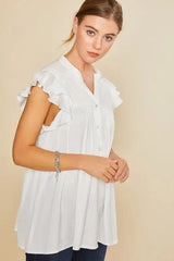 White Ruffle Sleeve Shirred Flowy Tunic Shirt, Shirts, $ 45.00, A Moment Of Now™
