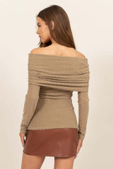 Taupe Fuzzy Off-Shoulder Textured Knit Top, Tops, $ 38.00, A Moment Of Now™