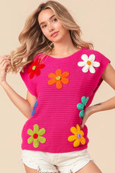 Fuchsia Flower Cap Sleeve Knit Top - Elegant Style, Sweaters, $ 69.00, A Moment Of Now™