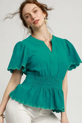 Turquoise Green Scalloped Edge Flutter Sleeve Blouse, Blouses, $ 55.00, A Moment Of Now™
