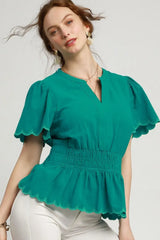 Turquoise Green Scalloped Edge Flutter Sleeve Blouse, Blouses, $ 55.00, A Moment Of Now™