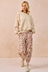 Cream Pink Floral Printed Twill Drawstring Pants | Online Boutique USA, Pants, $ 57.00, A Moment Of Now™