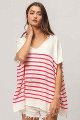 Fuchsia V Neck Striped Short Sleeve Top - Stylish Comfort, Tops, $ 45.00, A Moment Of Now™