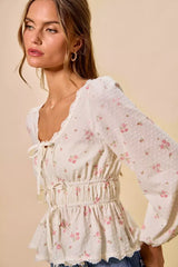 White Floral Clip Dot Lace Trim Ruched Bodice Blouse | Boutique In USA, Blouses, $ 50.00, A Moment Of Now™