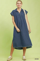Dark Blue Pinstripe Denim Collared Midi Dress with Side Slits | Boutique In USA, Dresses, $ 69.00, A Moment Of Now™