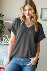 Charcoal Grey Exposed Seam Ribbed Top - Trendy Style, Tops, $ 33.00, A Moment Of Now™