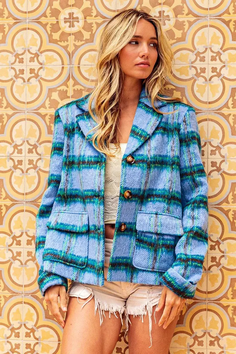 Light Blue Flap Pockets Brushed Vintage Plaid Jacket | Boutique In USA, Jackets, $ 55.00, A Moment Of Now™