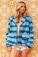 Light Blue Flap Pockets Brushed Vintage Plaid Jacket | Boutique In USA, Jackets, $ 55.00, A Moment Of Now™