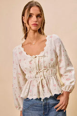 White Floral Clip Dot Lace Trim Ruched Bodice Blouse | Boutique In USA, Blouses, $ 50.00, A Moment Of Now™
