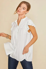 White Ruffle Sleeve Shirred Flowy Tunic Shirt, Shirts, $ 45.00, A Moment Of Now™