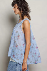 Blue Round Neck Sleeveless Floral Pleated Cotton Top | Boutique In USA, Tops, $ 64.00, A Moment Of Now™