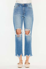 Medium Blue Distressed Frayed Hem Cropped Jeans, Jeans, $ 65.00, A Moment Of Now™