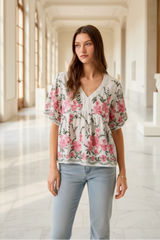 Floral Embroidered V-Neck Boho Blouse Top