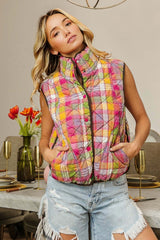 Colorful Quilted Washed Plaid Snap Down Vest, Vests, $ 69.00, A Moment Of Now™