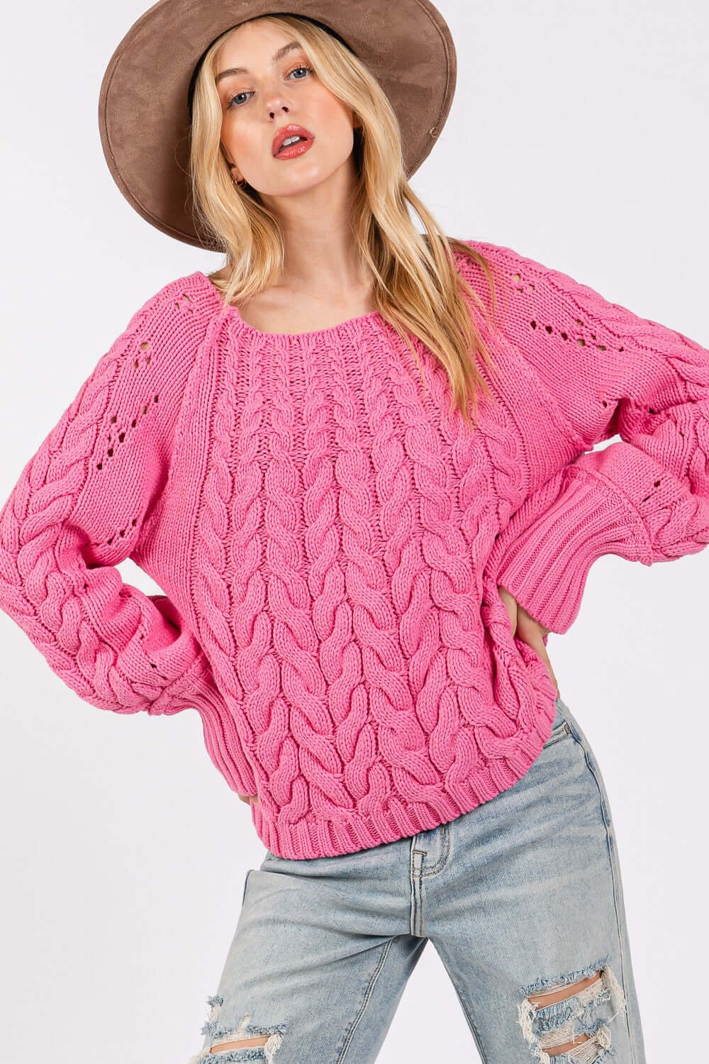 Deep Pink Cable-Knit Long Sleeve Sweater, Sweaters, $ 59.00, A Moment Of Now™