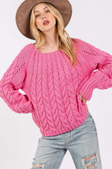 Deep Pink Cable-Knit Long Sleeve Sweater, Sweaters, $ 59.00, A Moment Of Now™