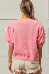 Cute Pink Ribbon Bow Puff Sleeve Sweater, Sweaters, $ 49.00, A Moment Of Now™