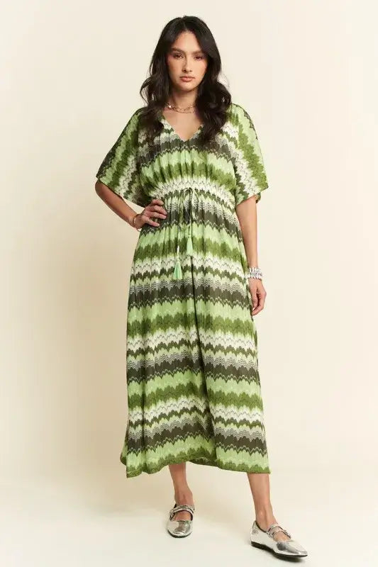 Sage Green Wavy Pattern Tie Waist Dress - Flowy Elegance, Dresses, $ 55.00, A Moment Of Now™