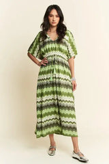 Sage Green Wavy Pattern Tie Waist Flowy Sleeve Dress, Dresses, $ 55.00, A Moment Of Now™