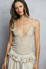 Sand Lace Detail V-Neck Ribbed Cami | Bohemian Fashion Clothing, Tank Tops, $ 44.00, A Moment Of Now™