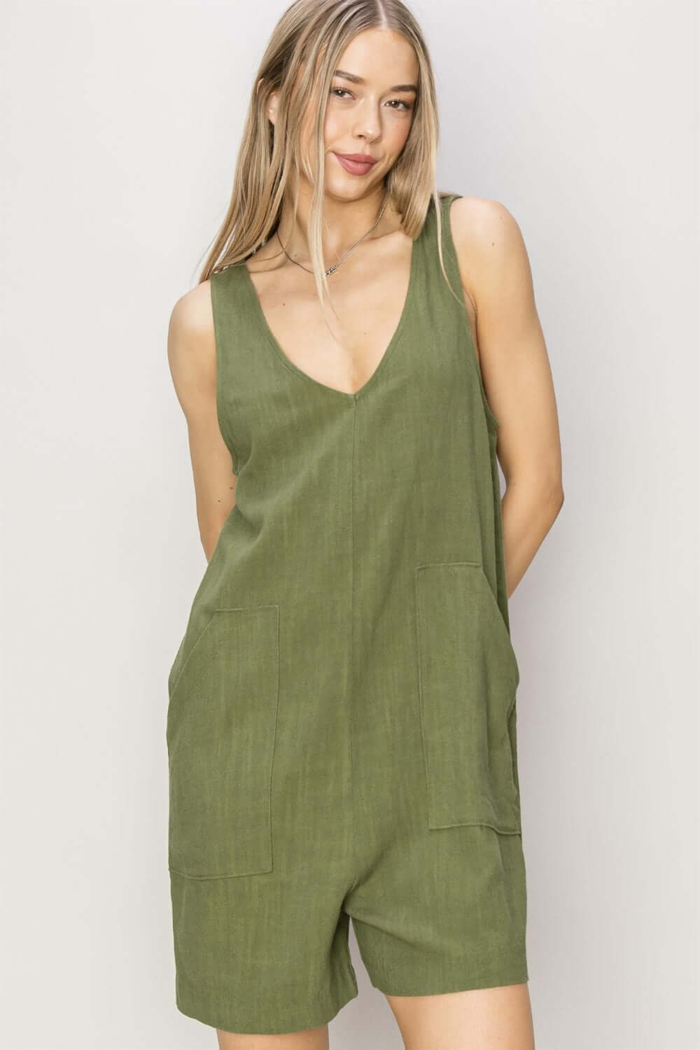 Moss Green V-Neck Sleeveless Romper with Pockets, Rompers, $ 35.00, A Moment Of Now™