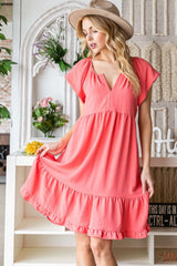 Coral Ruffled Notched Cap Sleeve Midi Dress, Dresses, $ 45.00, A Moment Of Now™